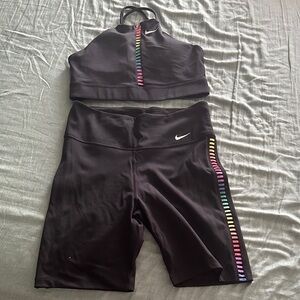 Nike Black Athletic Racerback Bra and Bike Shorts with Rainbow Trim size M NWOT